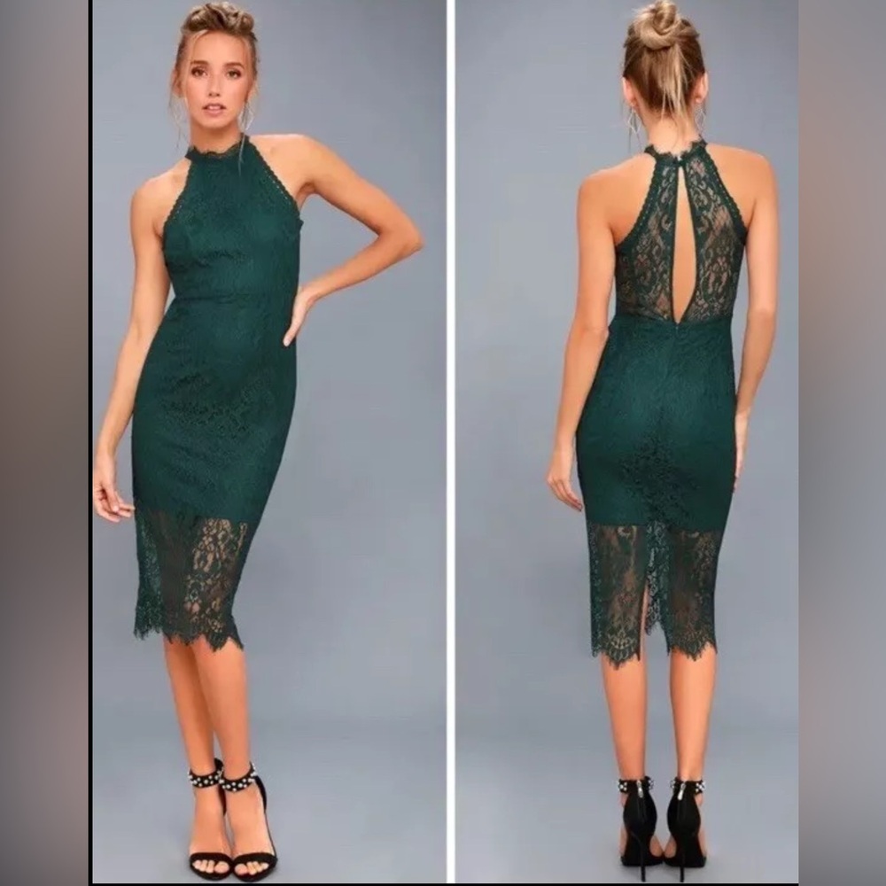 Lulus Kiss Me at Midnight Forest Green Lace Halter Bodycon Midi Dress size Large